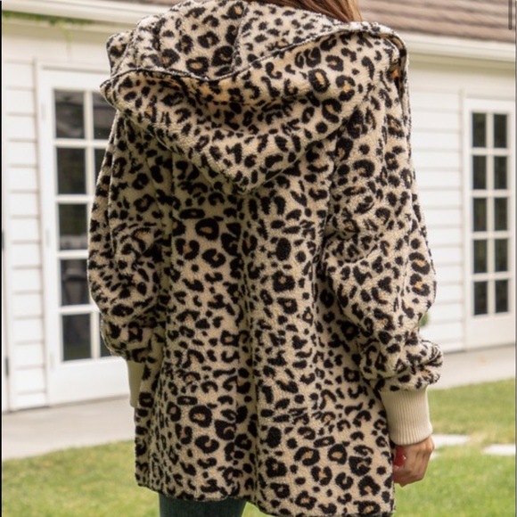 Faux Fur Sherpa Hoodie Jacket Coat Cardigan Leopard Print - Picture 2 of 3